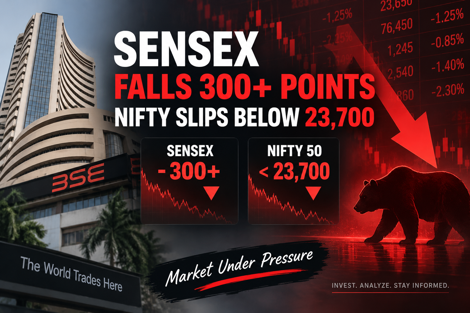 Sensex falls over 300 points while Nifty slips below 23,700 amid rising crude oil prices and global market uncertainty